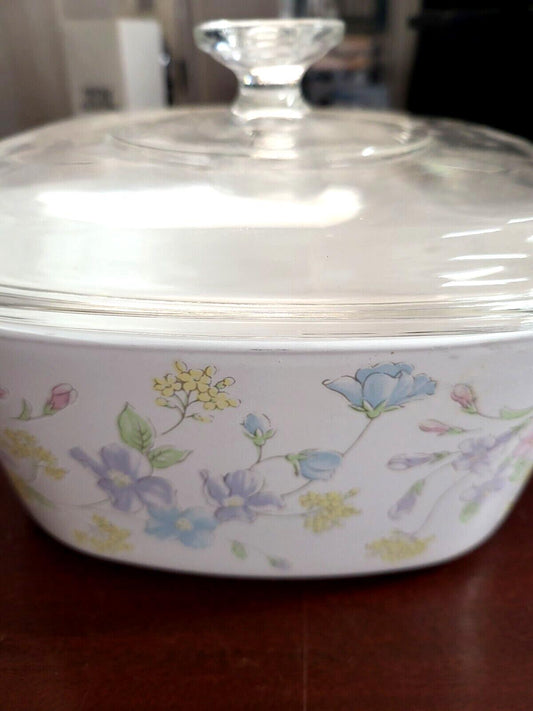 Vintage Corning Ware Pastel Bouquet  5L Casserole Dish  A-5-B Pyrex Clear Glass
