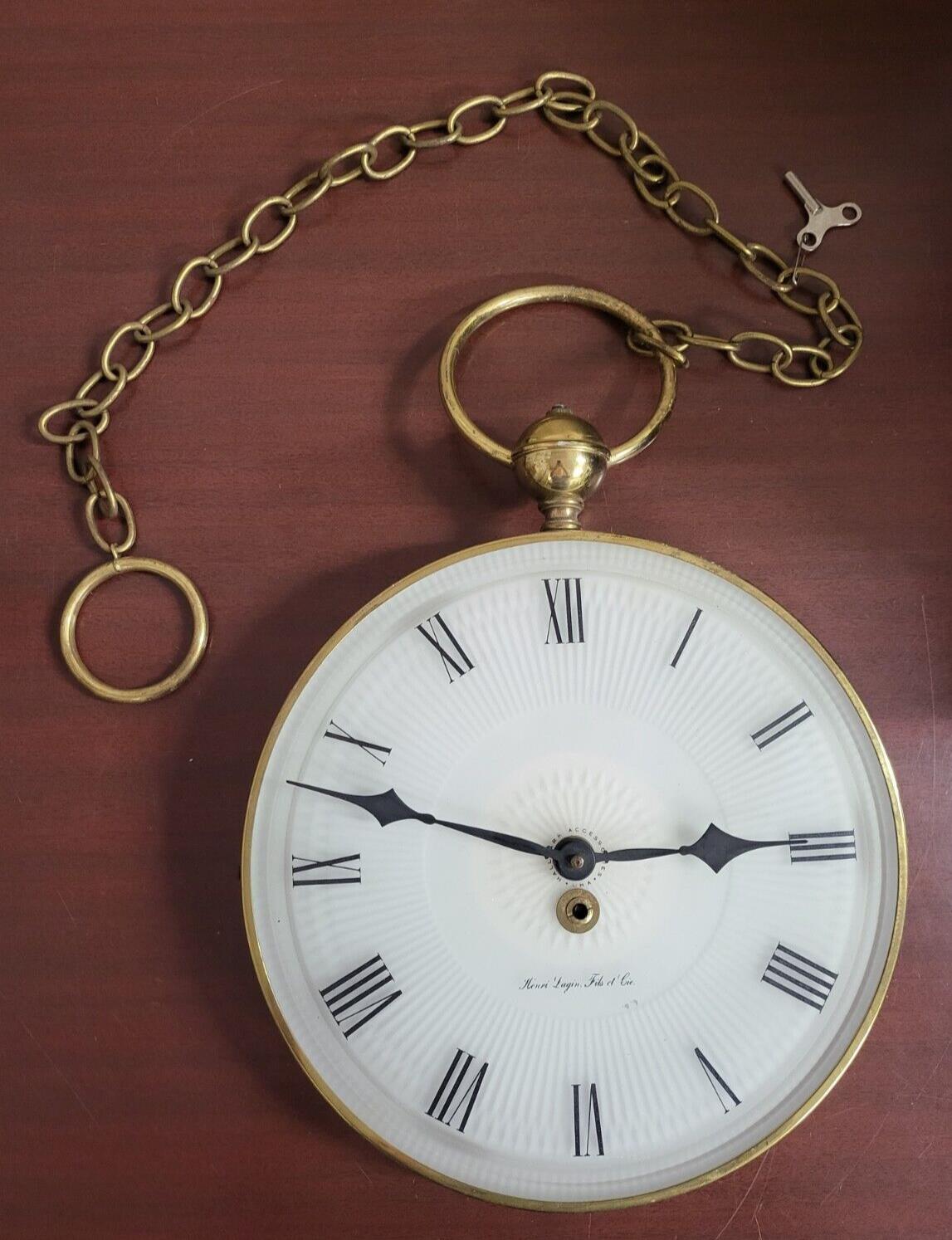 Pocket Watch Wall Clock 12.5" Round 36" Chain & Key Henri Lagin Fils et Cie