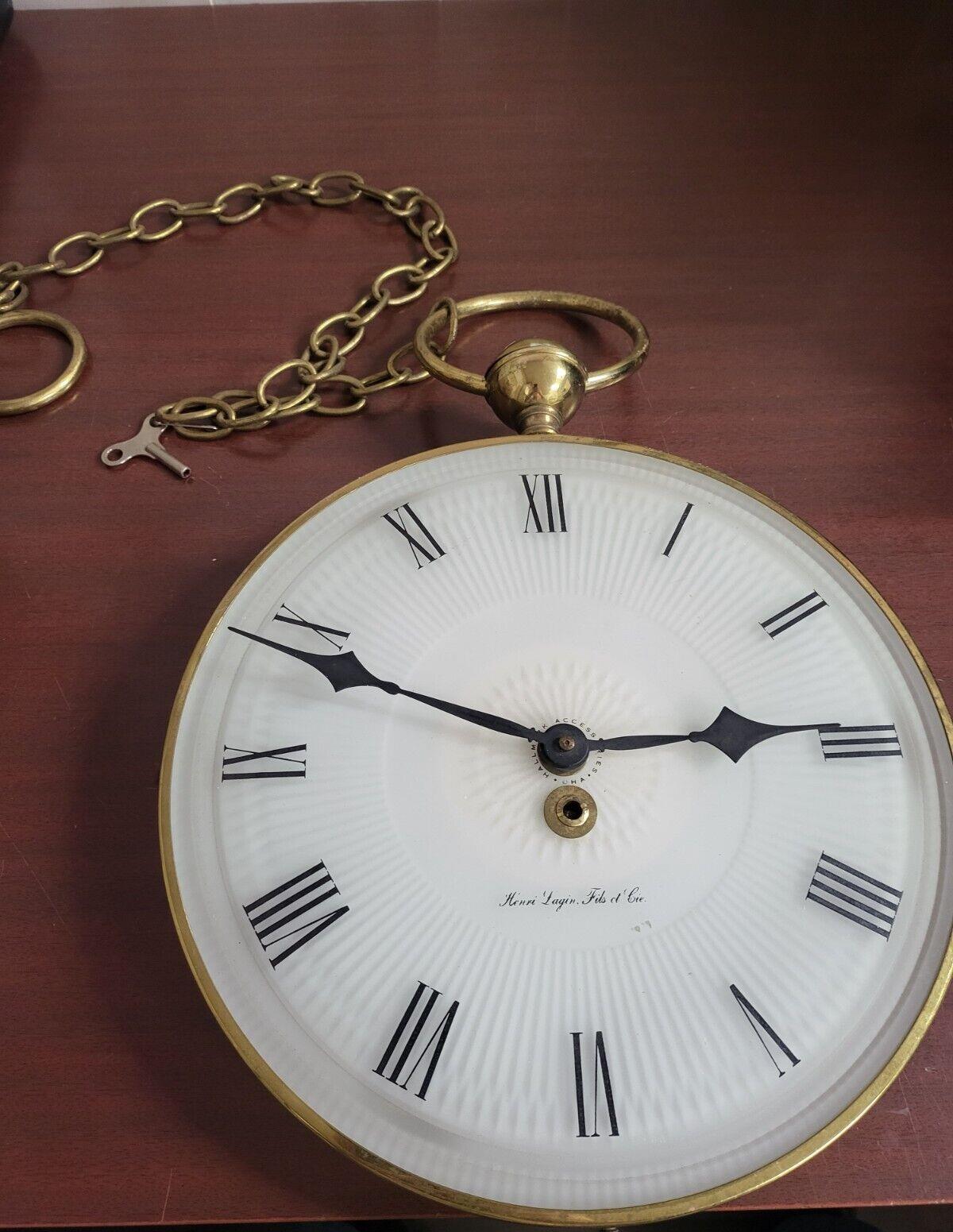 Pocket Watch Wall Clock 12.5" Round 36" Chain & Key Henri Lagin Fils et Cie