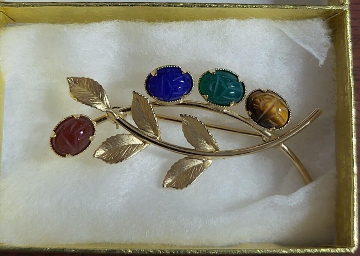 Brooch Pin 12k Gold Filled with Scarab Etched Natural Stones ~2"L Leaf Pattern