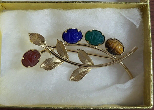 Brooch Pin 12k Gold Filled with Scarab Etched Natural Stones ~2"L Leaf Pattern
