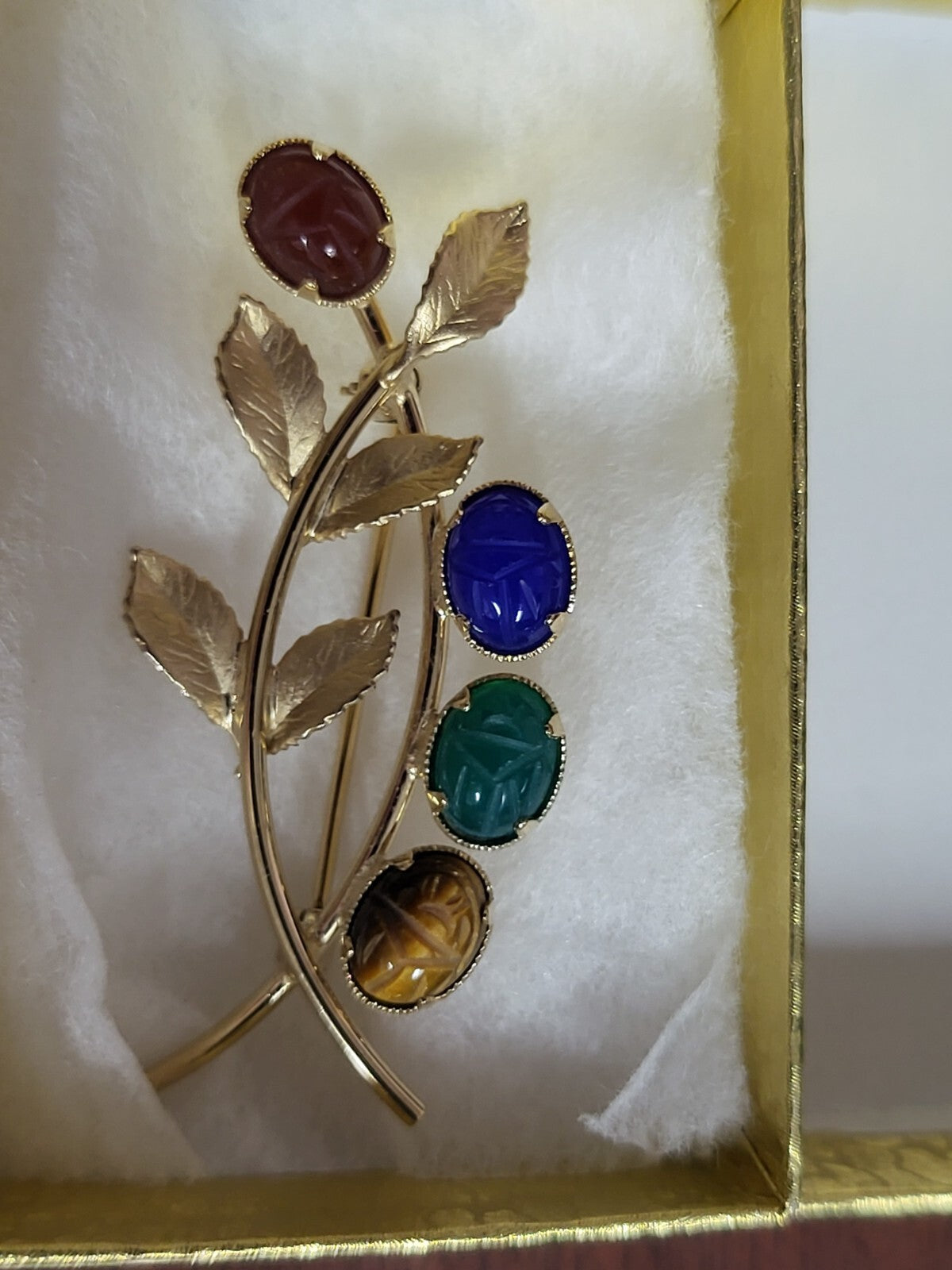 Brooch Pin 12k Gold Filled with Scarab Etched Natural Stones ~2"L Leaf Pattern