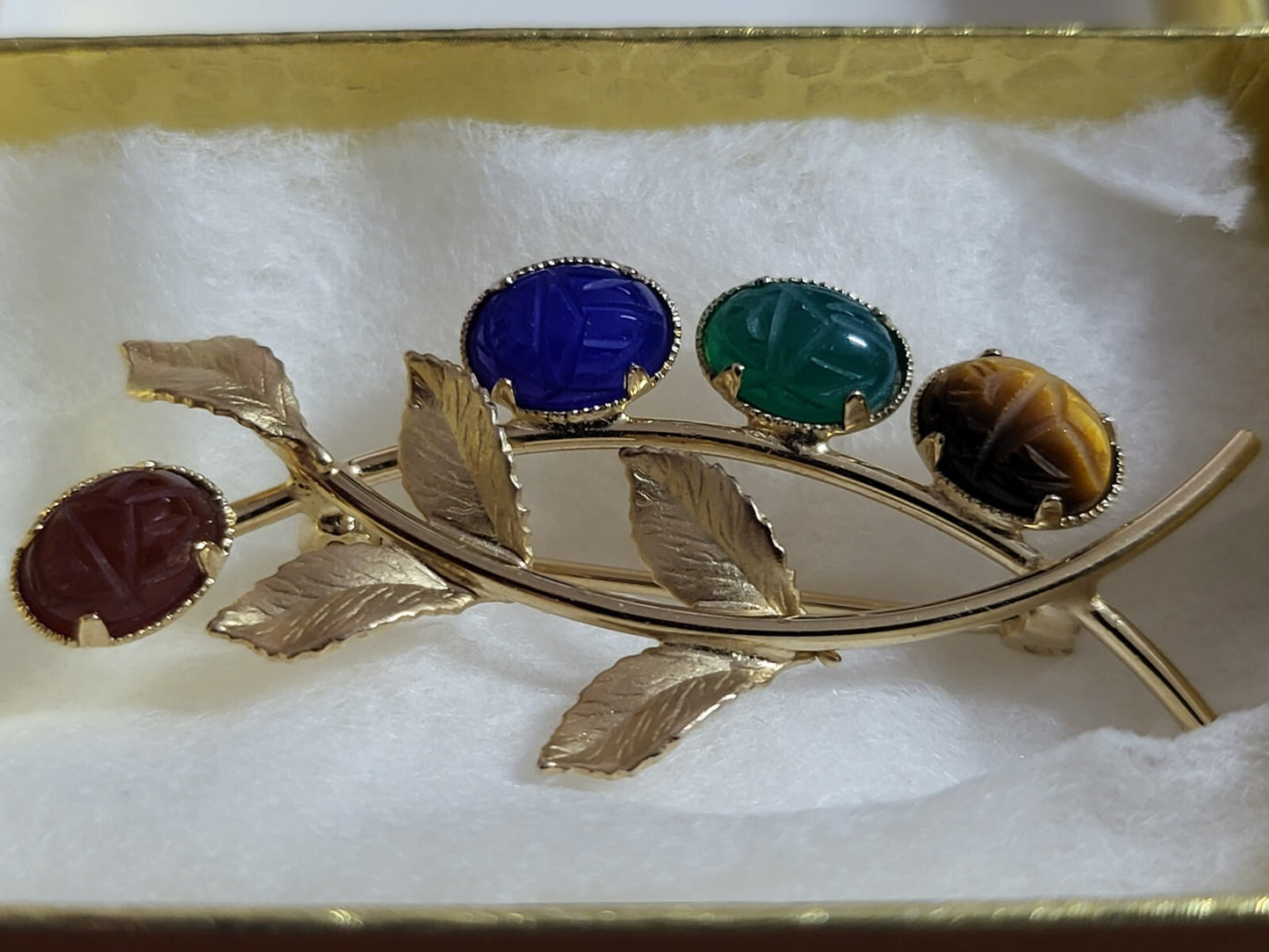 Brooch Pin 12k Gold Filled with Scarab Etched Natural Stones ~2"L Leaf Pattern