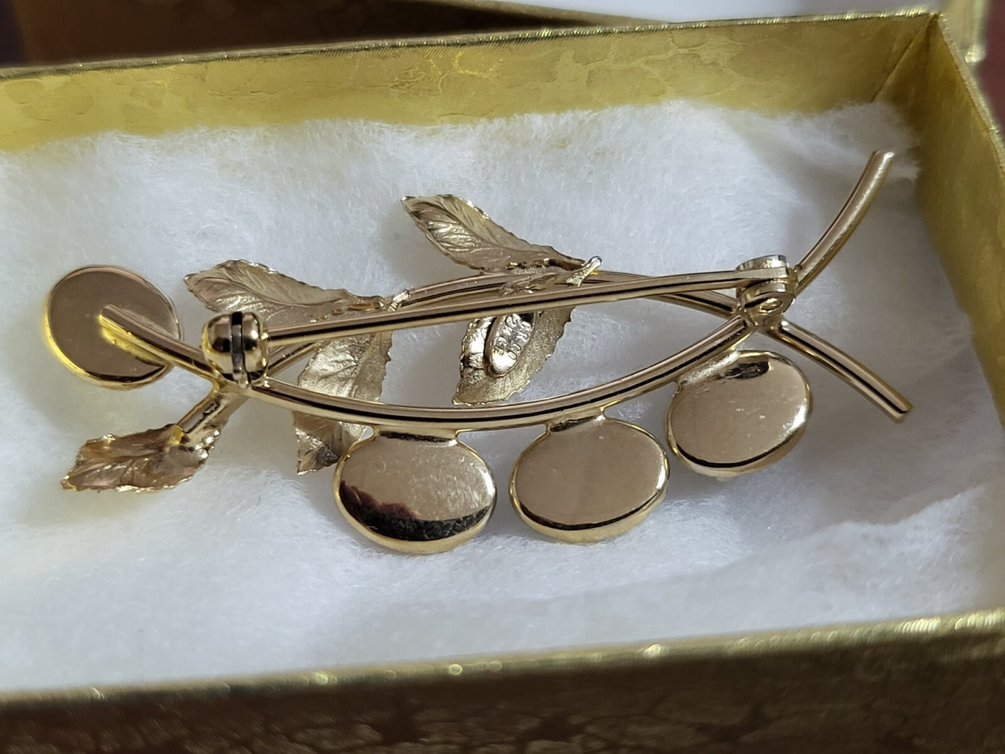 Brooch Pin 12k Gold Filled with Scarab Etched Natural Stones ~2"L Leaf Pattern