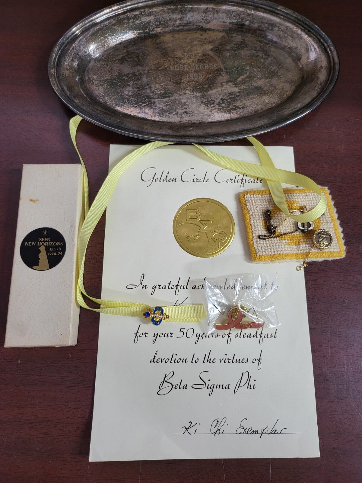 Vintage Beta Sigma Phi ~ Pins Awards Certificate Silver tray  9.5 x 6""