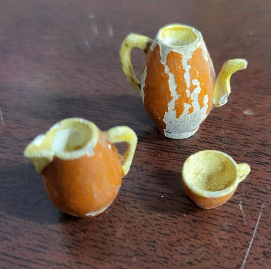Vintage Miniature Tea Set Orange Painted Wood Pot is .75"H tea cup is .25"H