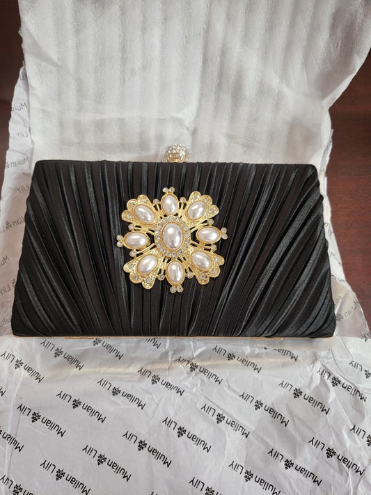 Mulian LilY Evening Bag Purse Black & Pearl Flower Clutch 8 x 5 x 1.5"
