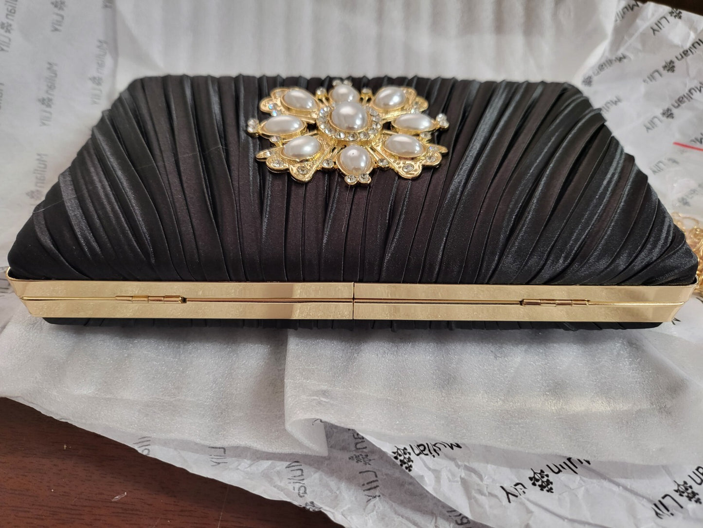 Mulian LilY Evening Bag Purse Black & Pearl Flower Clutch 8 x 5 x 1.5"