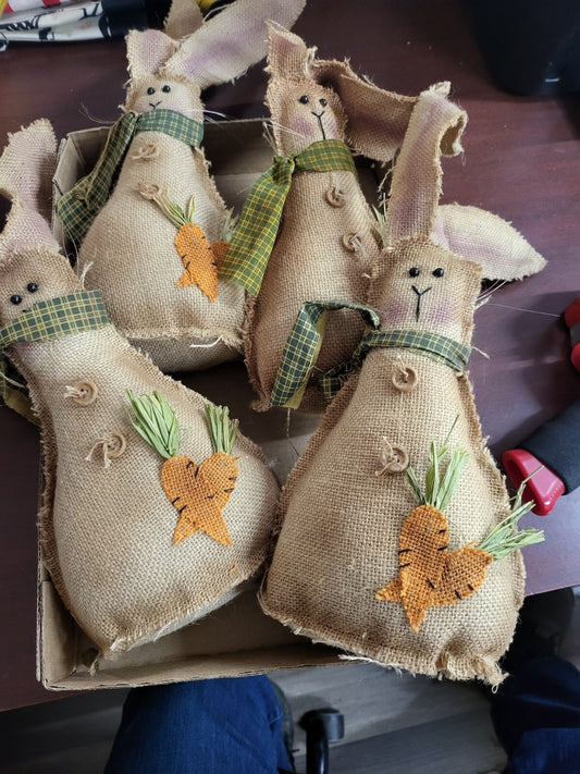 4 Burlap Bunny Rabbit & Carrot 10" +ears  Weighted Bottom Poseable Ears