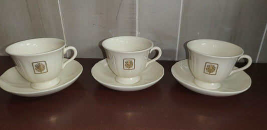 3 Wedgwood Etruria & Barleston Queens Shape Tea Cup & Saucer  White with Gold 26