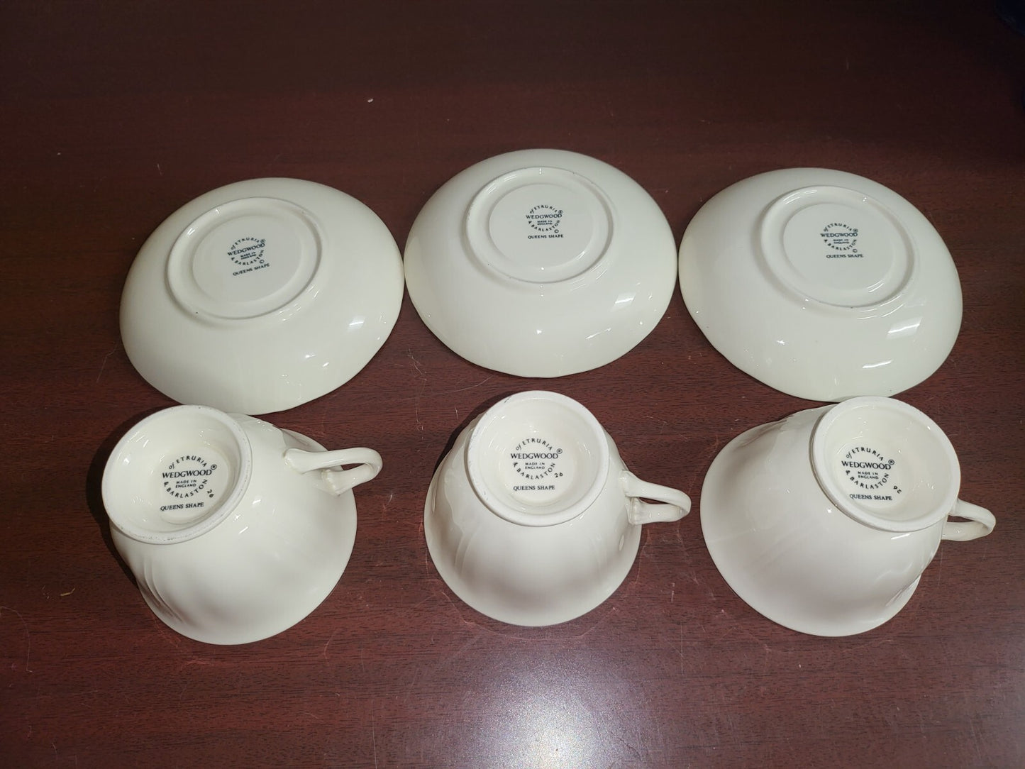 3 Wedgwood Etruria & Barleston Queens Shape Tea Cup & Saucer  White with Gold 26
