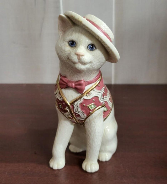 Vintage Lenox Parvaneh Cat Figurine  Perfect Day For A Picnic ~6"H Hat Tie & Ves