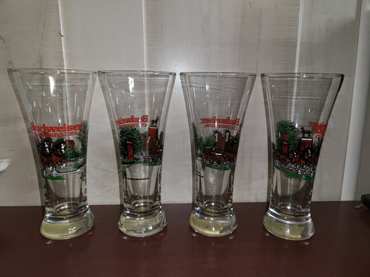 4 Budweiser Clydesdale 12oz Pilsner Glasses 1989 7.25"H Beer Drink Decor #4141