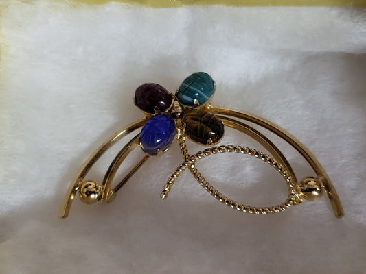 Brooch Pin 12k Gold Filled with Scarab Etched Natural Stones ~2"L Curved