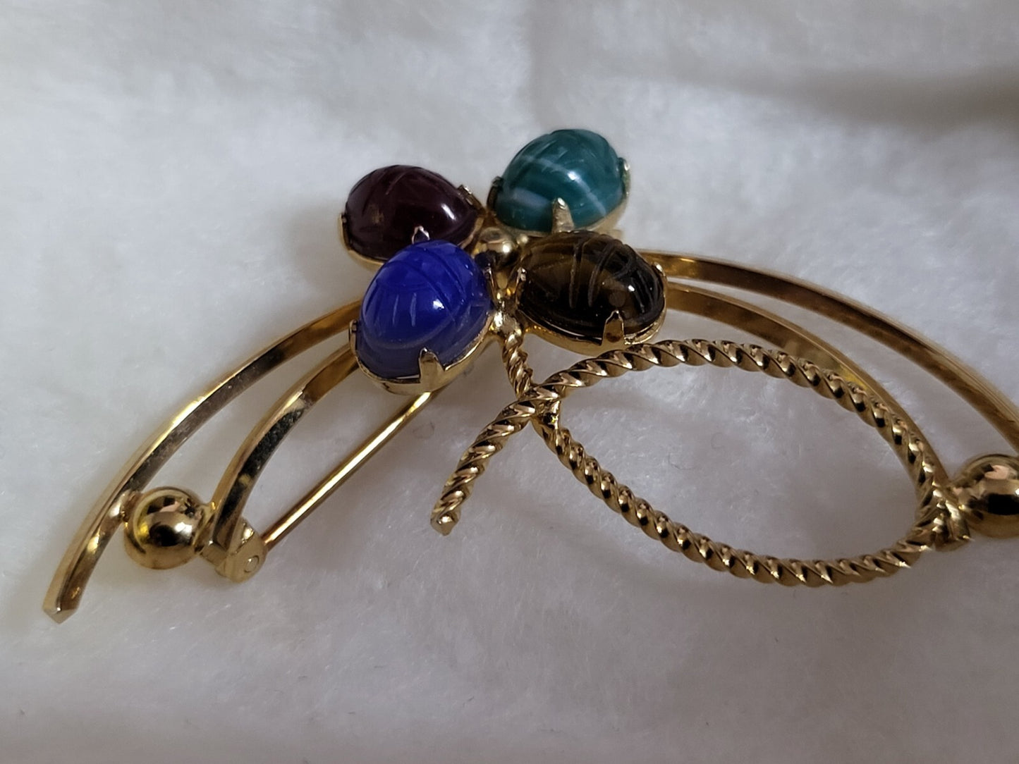 Brooch Pin 12k Gold Filled with Scarab Etched Natural Stones ~2"L Curved