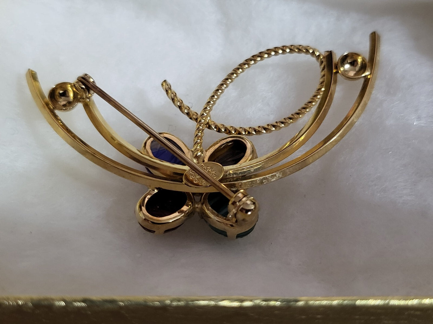 Brooch Pin 12k Gold Filled with Scarab Etched Natural Stones ~2"L Curved