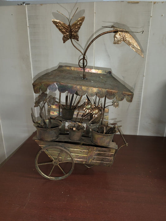 Vintage Copper Flower Garden Cart 10"H plus Butterflies  Animation not working