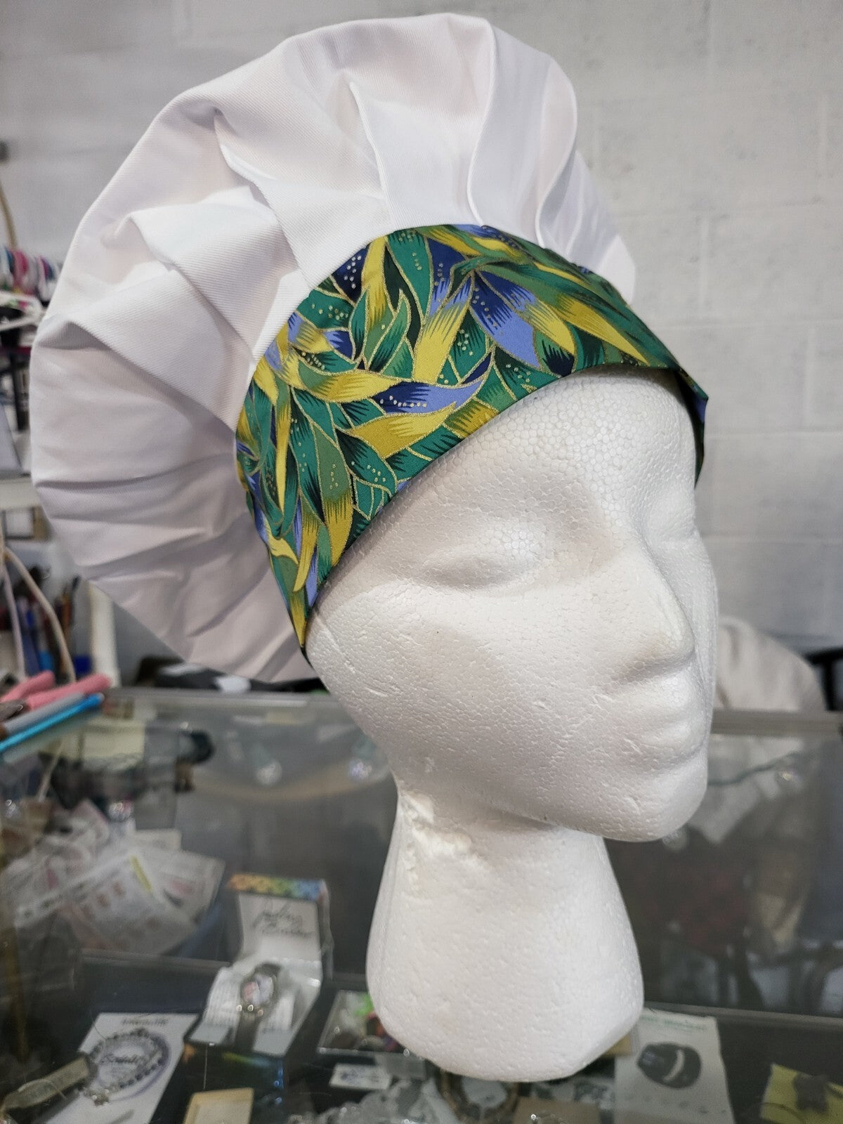 6 Toque Caps Chef Hat Adj Size White / Green Breathable Cotton Polyester