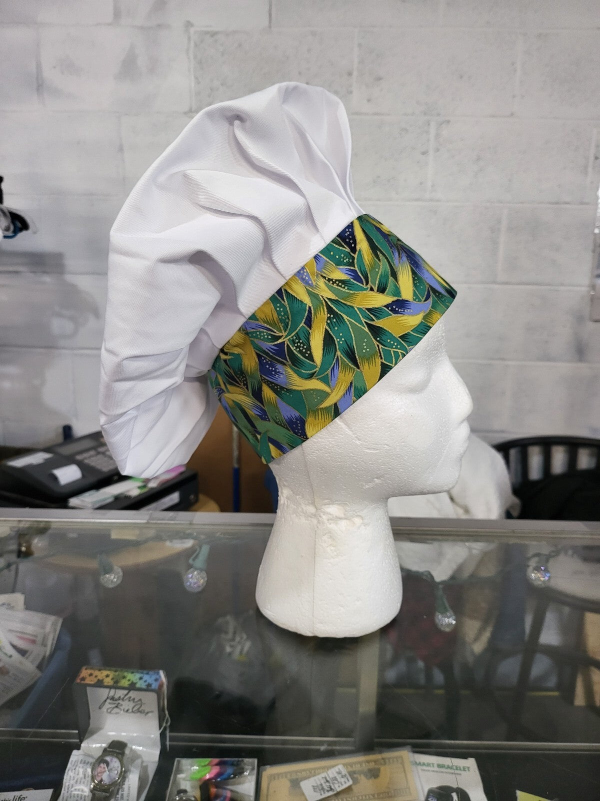 6 Toque Caps Chef Hat Adj Size White / Green Breathable Cotton Polyester