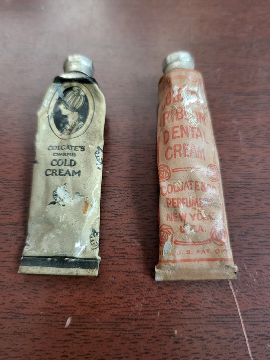 2 Vintage Colgate's Charmis Cold Cream & Ribbon Dental Cream Tubes ~1920s 2.5"ea