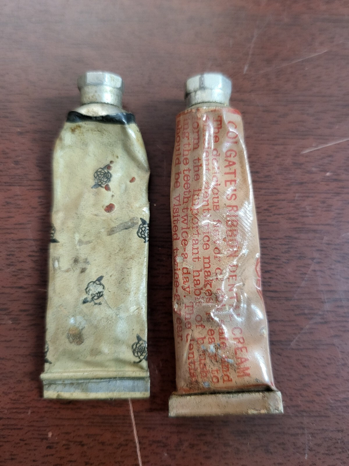 2 Vintage Colgate's Charmis Cold Cream & Ribbon Dental Cream Tubes ~1920s 2.5"ea