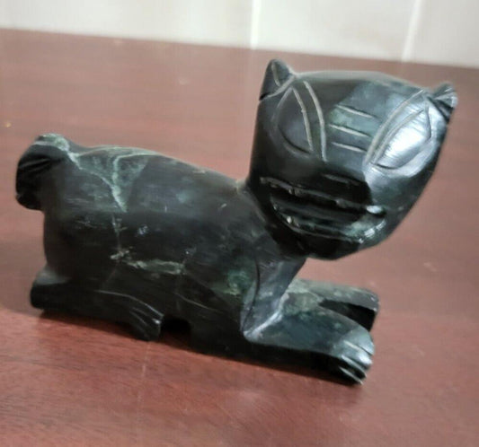 Hand Carved Black Marble Cat Figurine ~4 x 3.5 x 1"  Tribal Design