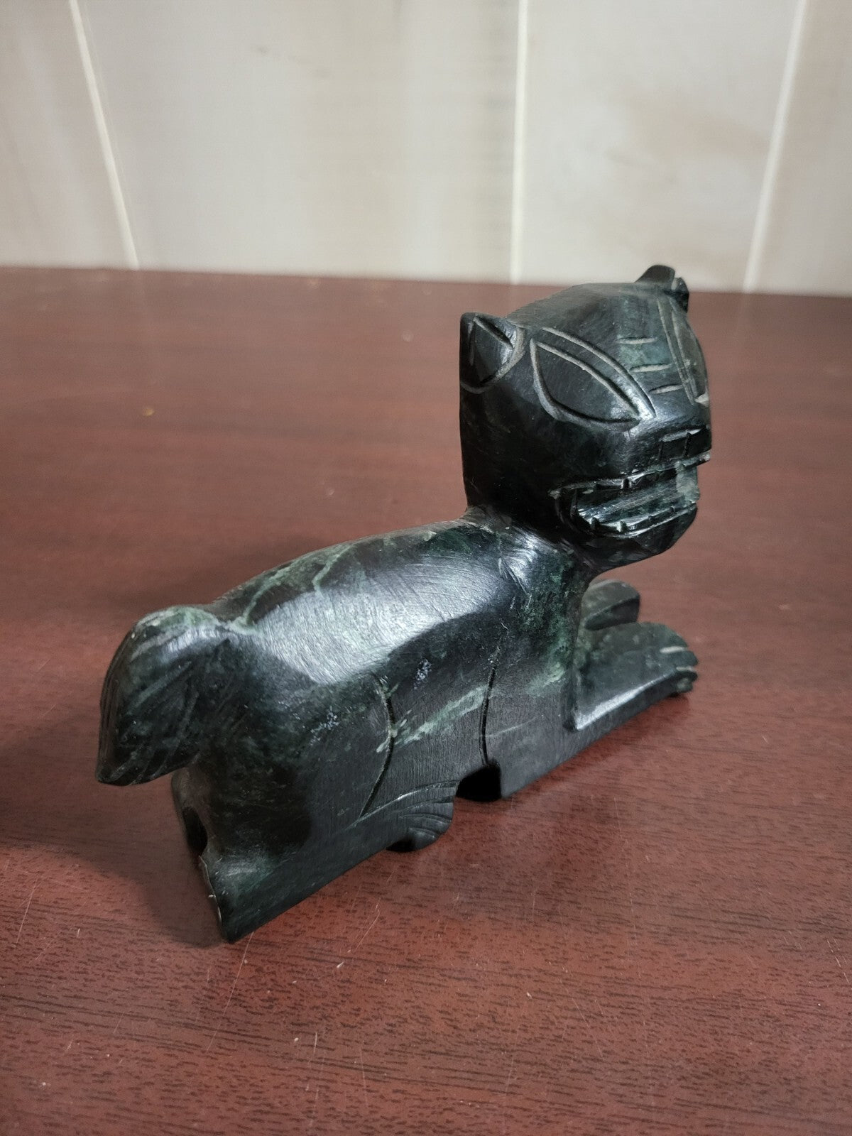 Hand Carved Black Marble Cat Figurine ~4 x 3.5 x 1"  Tribal Design
