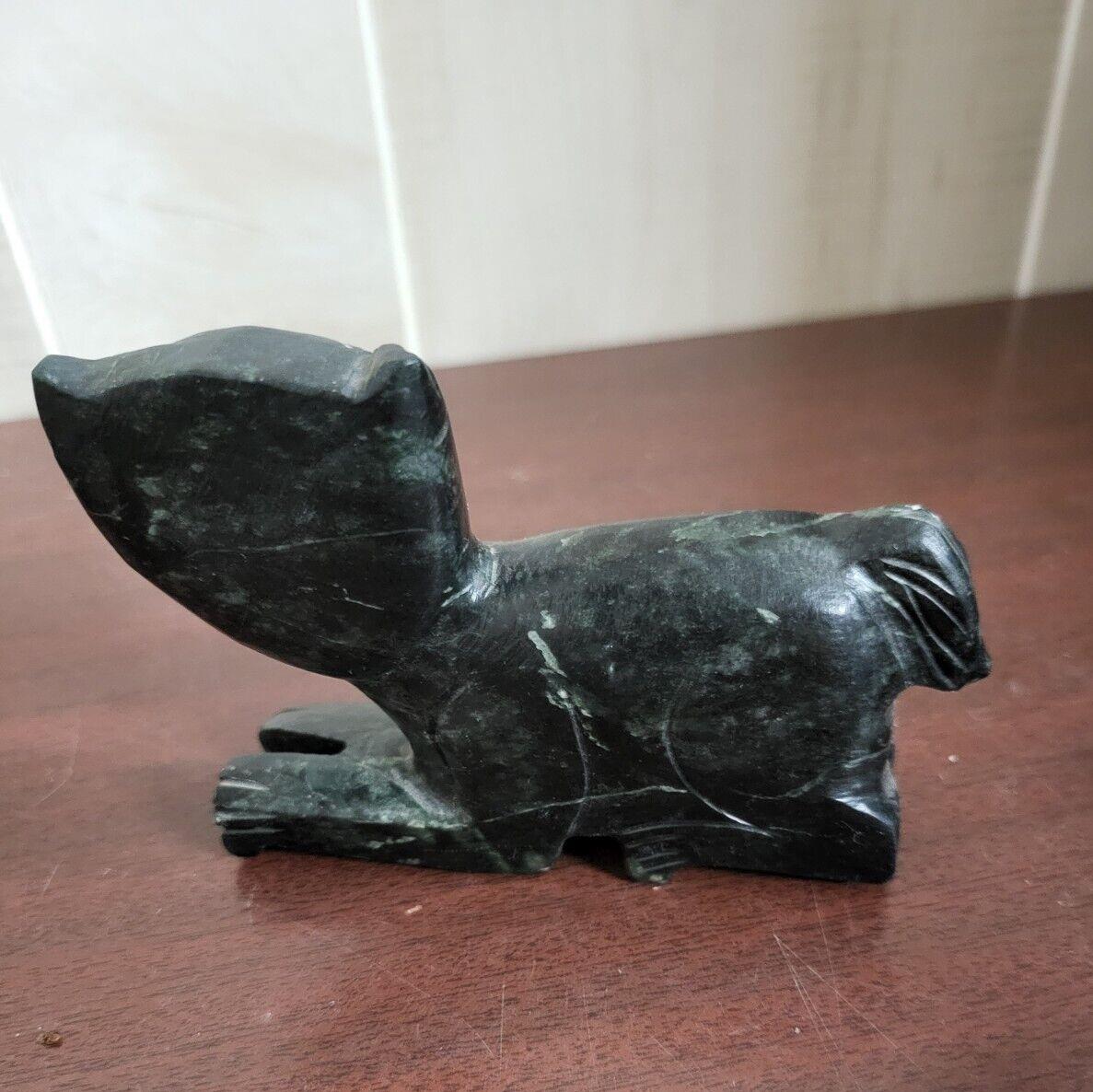 Hand Carved Black Marble Cat Figurine ~4 x 3.5 x 1"  Tribal Design