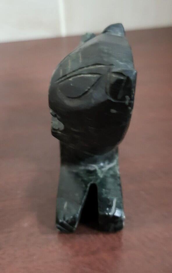 Hand Carved Black Marble Cat Figurine ~4 x 3.5 x 1"  Tribal Design