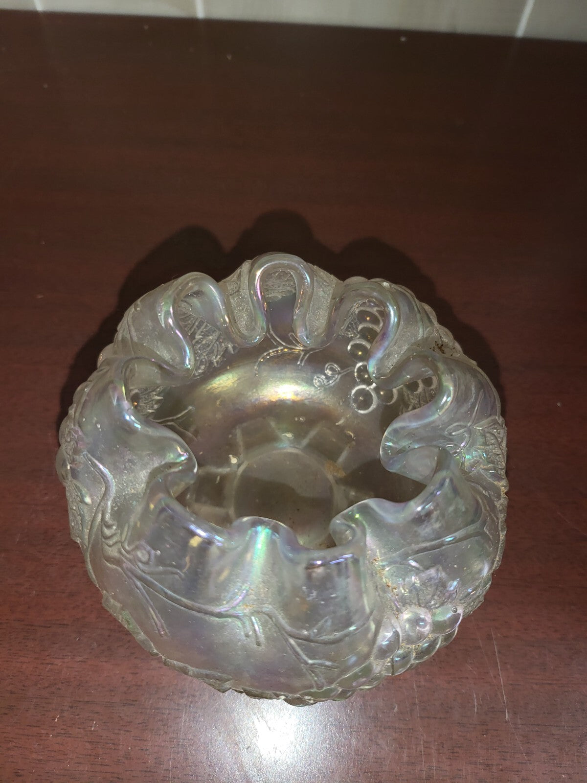 Antique Dugan Grape Delight Footed  Iridescent Carnival Glass Rosebowl Vase  *