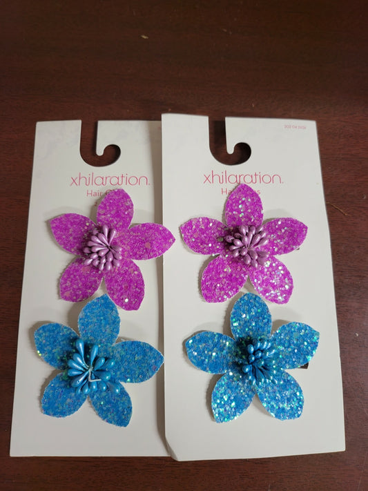 Girls Sparkle Flower Hair Clips Barrette 4 pk Purple & Blue 2.5"ea  Stiff Fabric