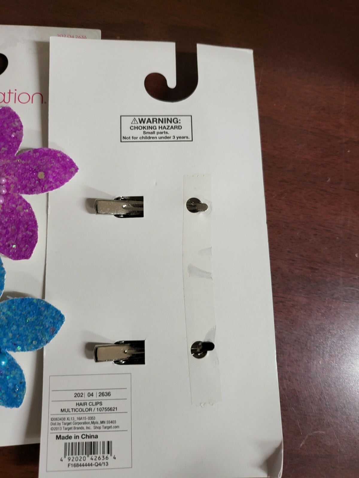 Girls Sparkle Flower Hair Clips Barrette 4 pk Purple & Blue 2.5"ea  Stiff Fabric