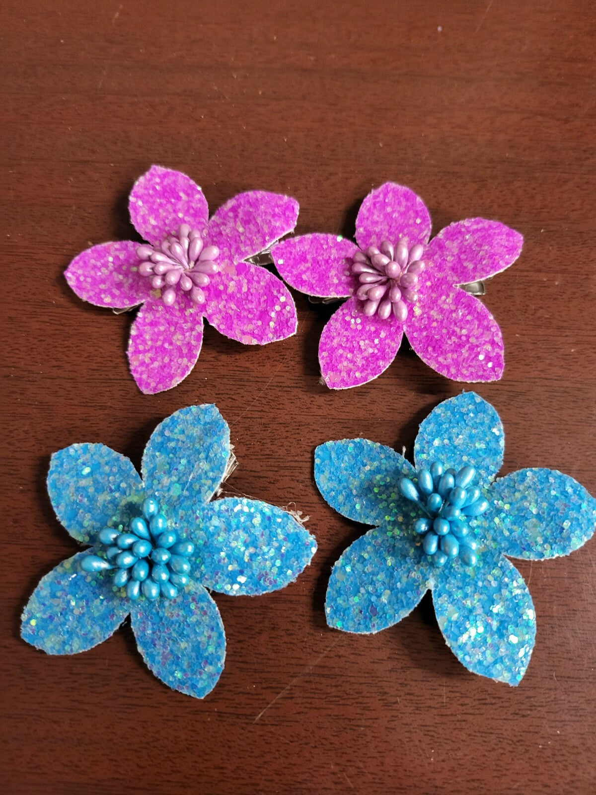Girls Sparkle Flower Hair Clips Barrette 4 pk Purple & Blue 2.5"ea  Stiff Fabric