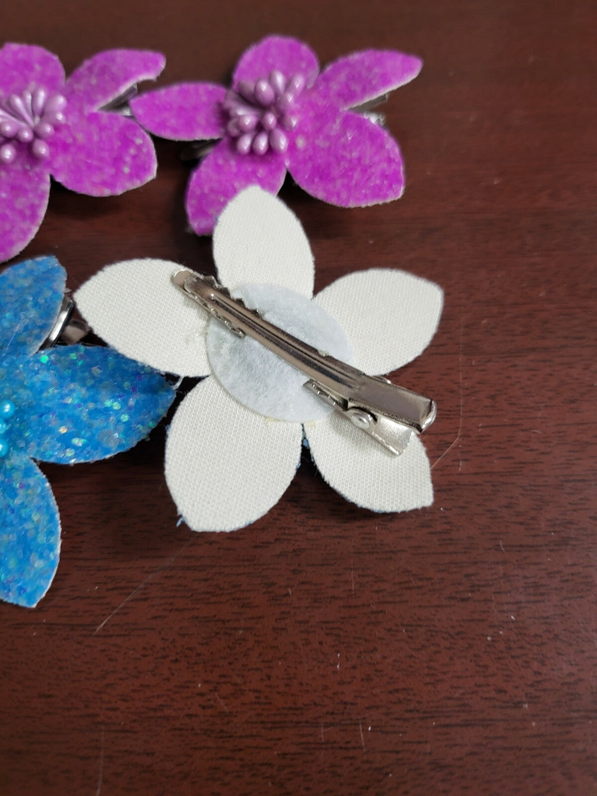 Girls Sparkle Flower Hair Clips Barrette 4 pk Purple & Blue 2.5"ea  Stiff Fabric