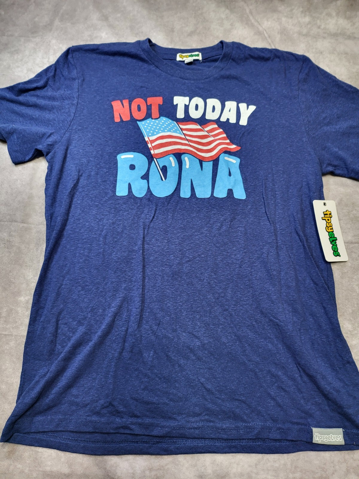 Tispy Elves T-Shirt Blue MEDIUM Not Today Rona US Flag Ch 17" Sh 20" L 26"