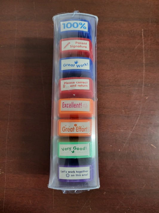 Teacher Stamps Set 8 pc Self Inking  in Storage Tray Grading Encouraging MORE