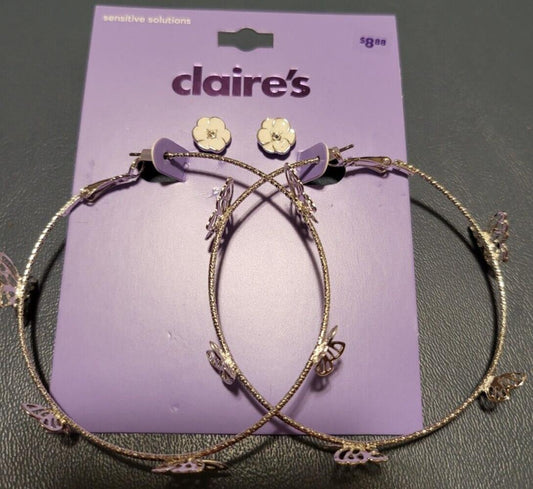 Claire's Pierced Earring Set 2 Pair White Enamel Flowers & ~2.75" Silver Hoops