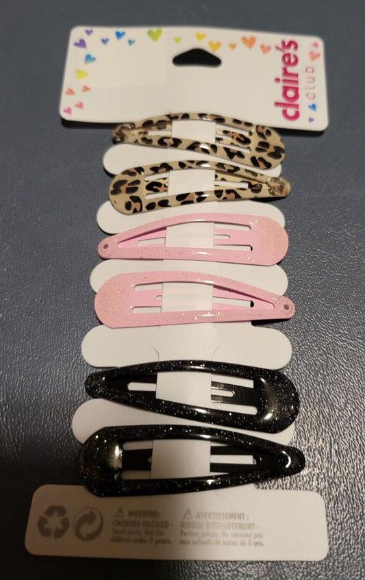 Claire's 3 pair Clip Barrettes Black Sparkle Pink Sparkle Animal Print 2"L