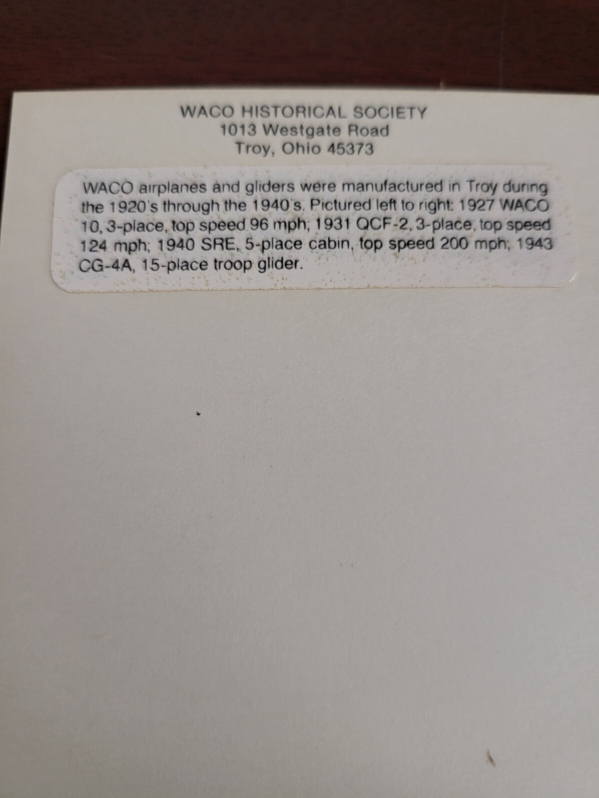 Postcard Waco Air Museum Historical Society, Troy, Ohio Vintage Airplanes 1920 -