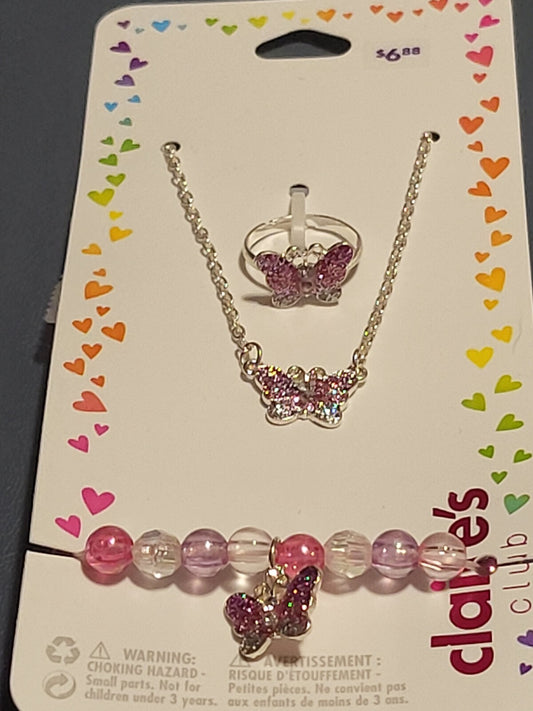 Claire's Necklace Ring & Bracelet Set Butterflies 16" Chain + Extender Ring is A