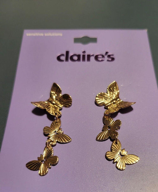 Claire's Pierced Earrings Waterfall Butterflies ~2"L Goldtone Sensitive Solution