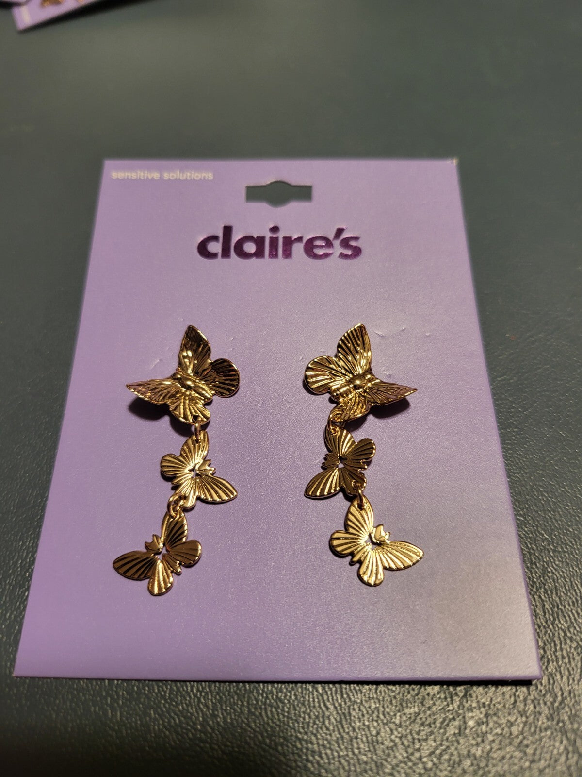 Claire's Pierced Earrings Waterfall Butterflies ~2"L Goldtone Sensitive Solution