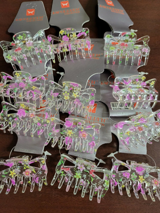 12 ct Hair Clip Claw Clear & Floral Pattern  2.75"L  NWT Jacquelyn Collection