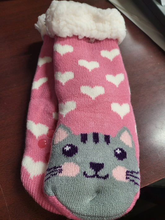 Slipper Socks Kids 2-4yrs PINK Hearts Gray Cat Non-Slip  NWT Fnovco