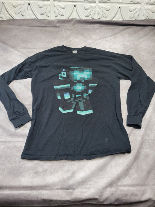 Gildan Tee Shirt Boys Medium Black Minecraft Sculk Long Sleeve Heavy Cotton