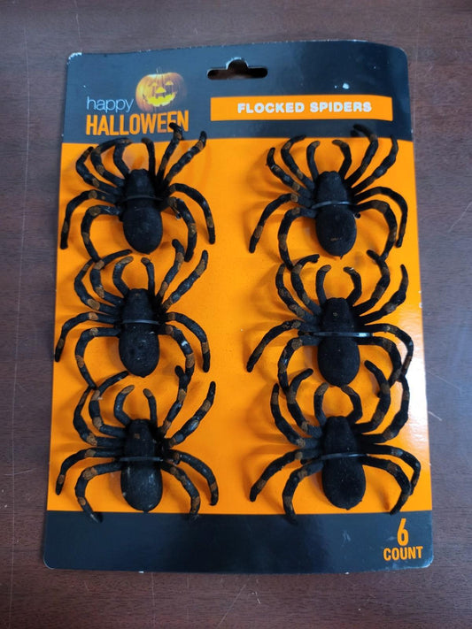 6 Count Flocked Spiders 3"ea Realistic Tarantula Black with Orange Knees