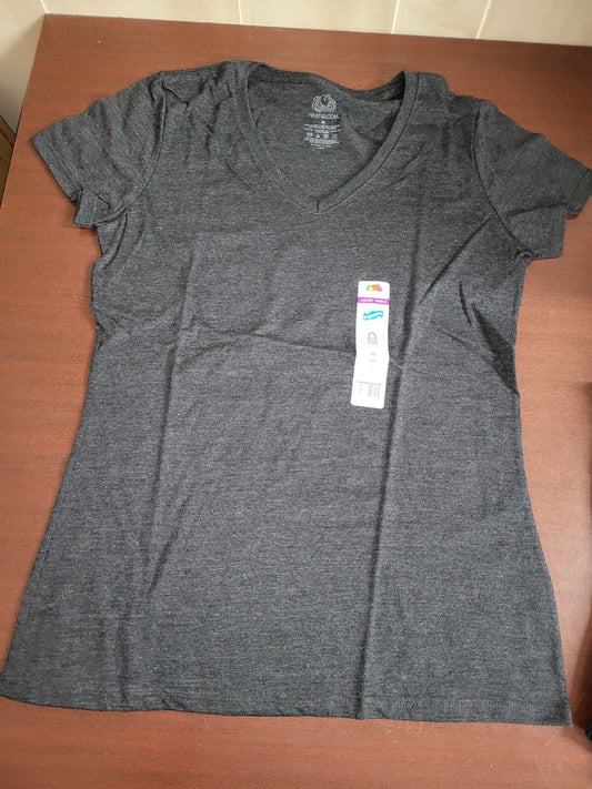 Fruit of the Loom Ladies V-Neck Semi-Fitted T-Shirt Heather Black size  MEDIUM