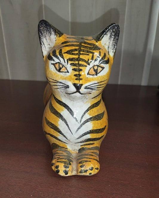 Vintage Handmade Ceramic Tiger Cat Signed 1976   6.75H x 5.5W x 11.5"L #4264