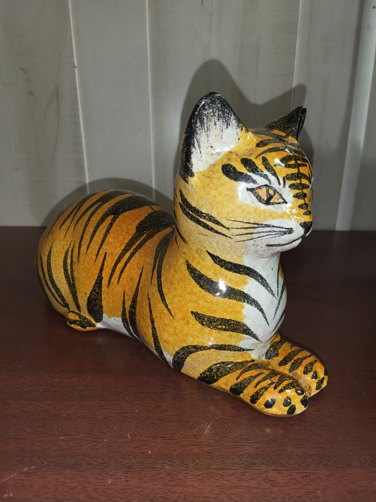 Vintage Handmade Ceramic Tiger Cat Signed 1976   6.75H x 5.5W x 11.5"L #4264