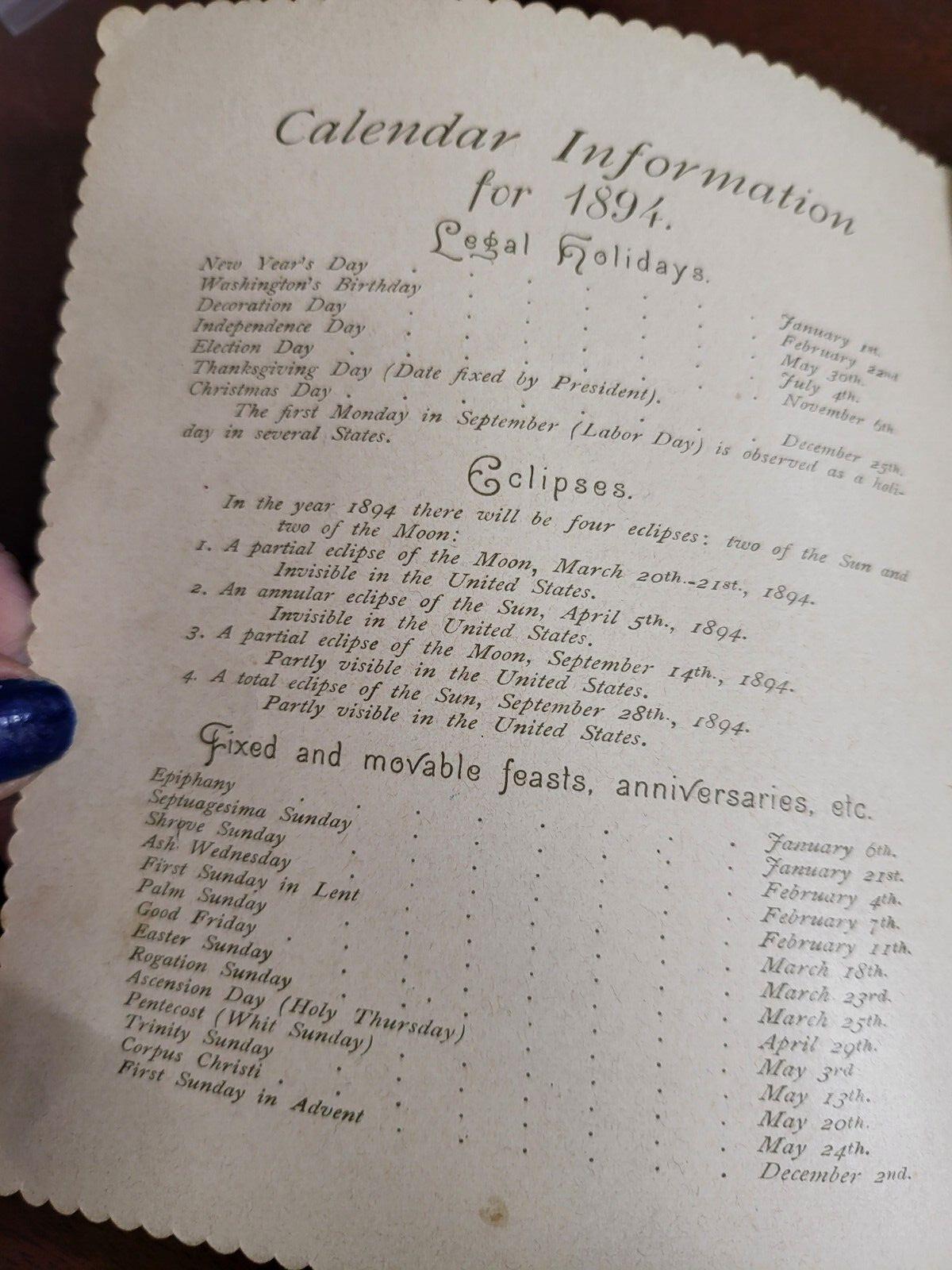 AS SEASONS ROLL  1894 Illustrated Calendar - Art Lithograph Publishing  #2909